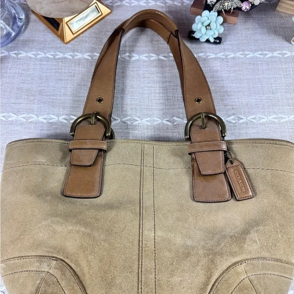 Coach Tan Suede & Leather Tote with Logo Hang Tag - Picture 3 of 9